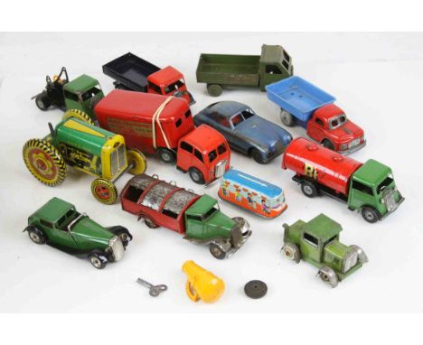 12 Mid 20th Century tin plate models to include Triang Minic, features Minic Van, BP Tanker, Mettoy Tractor, Minimodels Scale