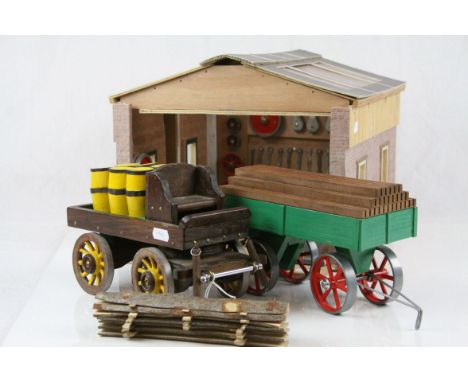 Scratch built garage with lights, tools and wheels to the inner walls, plus a scratch built trailer and wooden barrel cart (3