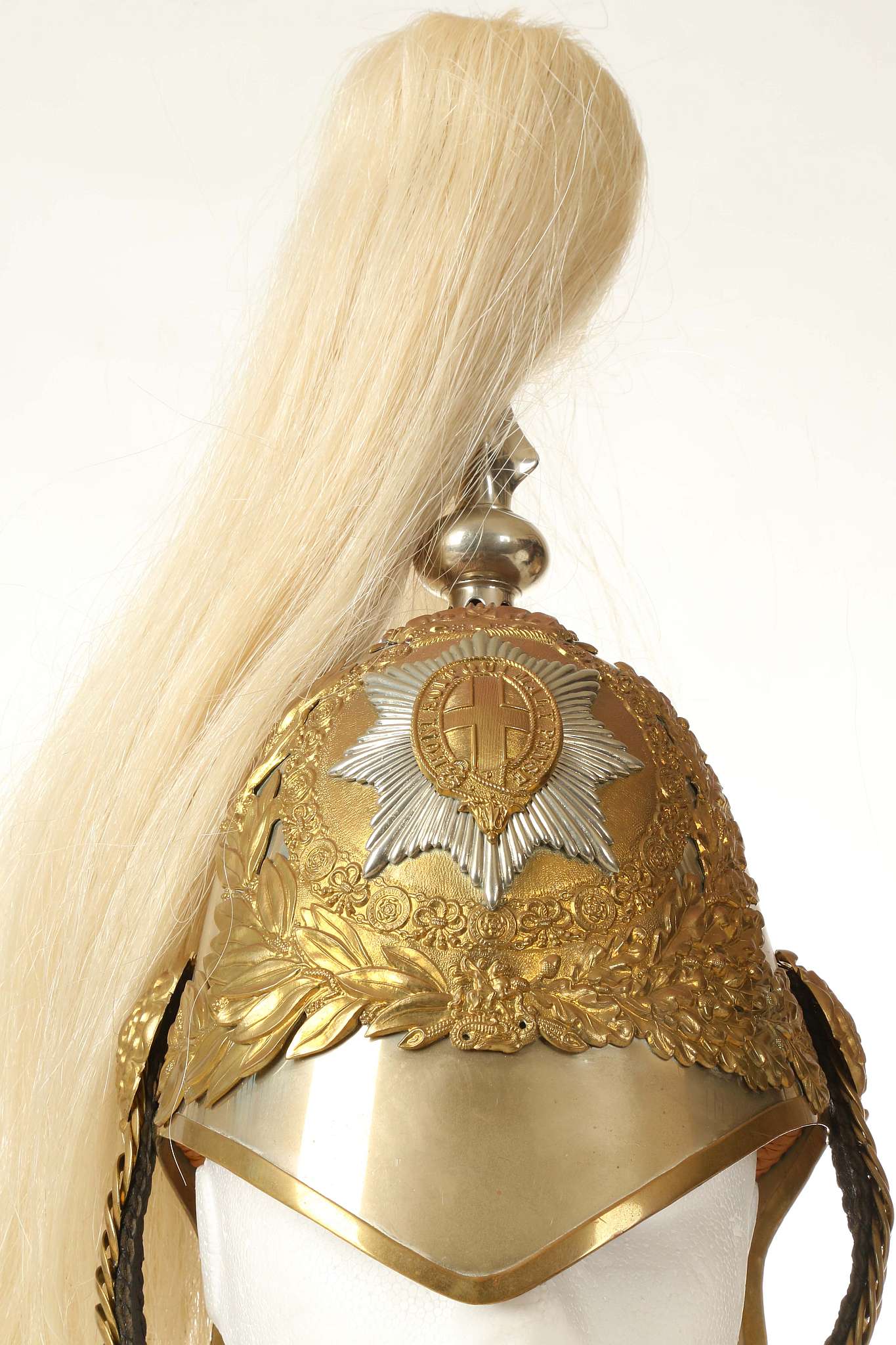 Life Guards Household Cavalry white metal helmet, QEII helmet plate