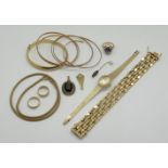 1 Damenarmbanduhr/1 Konv. Schmuck: je GG 14ct. z.T. mit Edelsteinen, je Asp./Gsp.