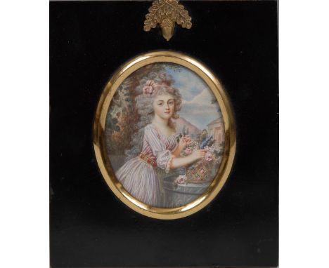 French School (19th/early 20th century), a portrait miniature, of a young girl with a basket of flowers, watercolour on paper