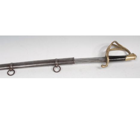 A French 1822 pattern cavalry sword, 92cm curved blade, brass guard with curved quillon, steel scabbard, 112.5cm long overall