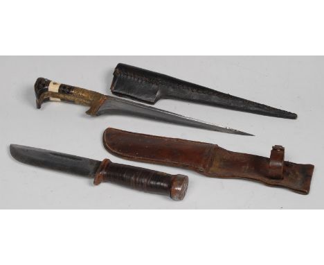 A World War II American survival knife, 15cm blade marked Cattargus 2250, banded grip, 16.5cm long overall, leather scabbard,