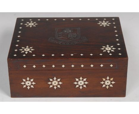 An Anglo-Indian hardwood and ivory marquetry rectangular box, inlaid in silver wire with a coat of arms and motto Virtus Non 