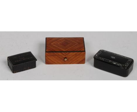 A 19th century French kingwood rectangular box, hinged quarter-veneered top outlined with ebony stringing, 8cm wide, c.1870; 