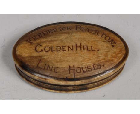 A 19th century cattle horn oval snuff box, the push-fitting cover inscribed Frederick Blurton, Golden Hill, Line Houses (Staf