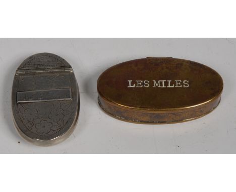 A 19th century brass oval snuff box, probably for a Welsh miner, the hinged cover stamped Les Miles, 9cm wide; a 19th century