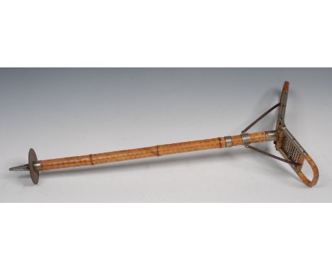 An early 20th century French bamboo shooting stick, folding cane seat, cantilever mechanism, 76cm high (open), 91cm long (fol