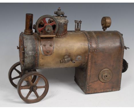 A large scratch-built live steam copper and brass model part traction engine, 41cm high, 52cm long