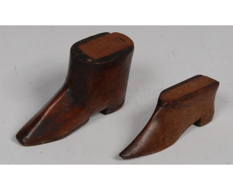 A 19th century mahogany novelty snuff box, as a shoe, sliding cover, 8.5cm long, c.1840; another, similar (2) 