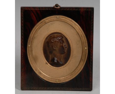 A 19th century cameo portrait plaque, Augustus Caesar, in profile, gilt metal bezel, framed, 12cm wide overall