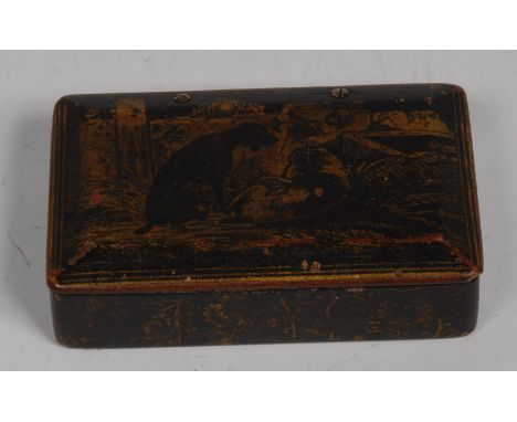 A 19th century transfer printed rounded rectangular snuff box, hinged cover decorated in gilt with dogs, 9cm wide, c.1880