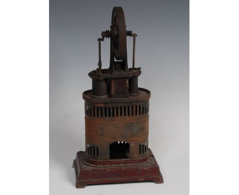 A late 19th/early 20th century model twin cylinder vertical hot air stationery compound engine, possibly by Carette, blued he