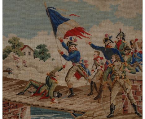 A 19th century military woolwork picture, depicting a charge of the French army, 25cm x 29cm