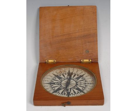 A large 19th century mahogany travelling table compass, 15.5cm circular register, hinged cover, 19cm wide overall