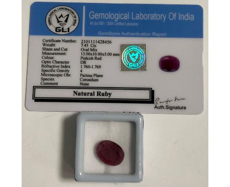 Loose Gemstones - a certified mixed cut oval pinkish red ruby, 7.45ct, GLI gem testing report card 