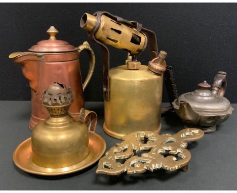 A Vintage Burmos Blowlamp, a chamber stick, Rome copper hot water jug etc 