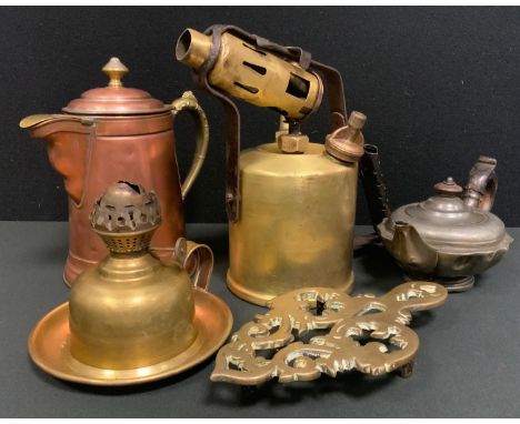 A Vintage Burmos Blowlamp, a chamber stick, Rome copper hot water jug etc 