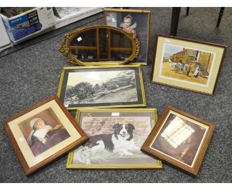A gilt framed oval looking glass; pictures &amp; prints including Collie Dog, after Pollyanna Pickering print; framed photogr