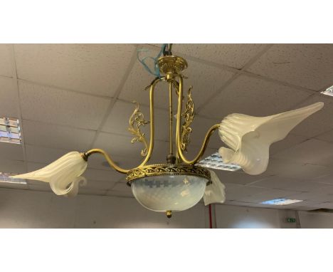 A gilt metal three branch ceiling lamp, opaque glass shades 