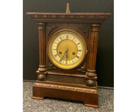 An early 20th century oak cased mantel clock, H A C mechanical chiming movement, 35.5cm high, 30cm wide 