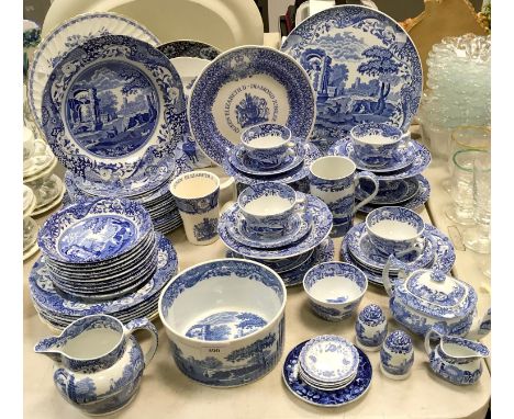 A Spode part dinner &amp; tea service comprising cake plate, dinner, side &amp; tea plates, soup &amp; dessert bowls, tea cup