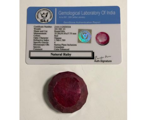 Loose Gemstones - a certified round mixed cut ruby, 241.5ct, GLI gem testing report card 