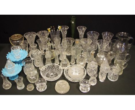 Victorian &amp; Later Glass - a graduated pair of powder blue pressed glass comports, assorted cut glass vases, oil bottle, F