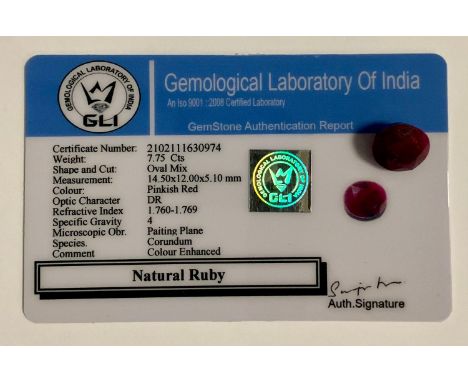 Loose Gemstones - a certified oval pinkish red ruby, 7.75ct, with GLI gem testing report card 