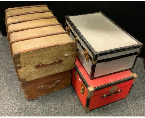 Luggage - a vintage snake skin effect wooden bound steamer trunk;  another;  others metal (4) 