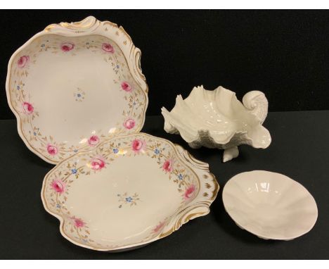 A pair of Bloor Derby quatrefoil dishes, painted with a band of pink Roses and blue Forget-me-nots, printed marks;  a Royal W