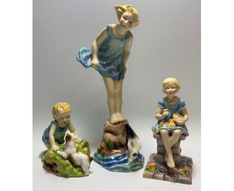 A Royal Worcester figure, Sea Breeze, modelled by F G Doughty, model number 3008, 21cm high; others smaller Sunshine No 3038,