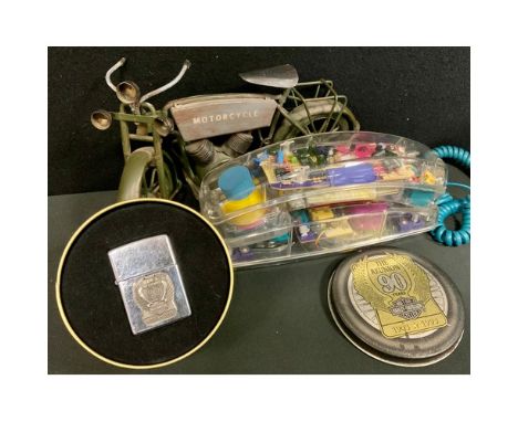 A Harley Davidson 90 year reunion Zippo petrol pocket lighter, 1903-1993, boxed;  a model Motorcycle;  a Mybelle Spotlight cr