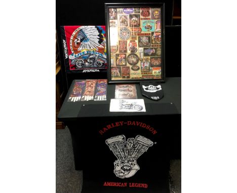 Harley Davidson interest including printed cotton bandannas; tin plate signs; a framed Harley Davidson print etc. 