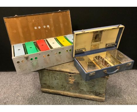A Pigeon six bird racing box;  a Sirram Tea and Lunch outfit case;  a wooden tool box 