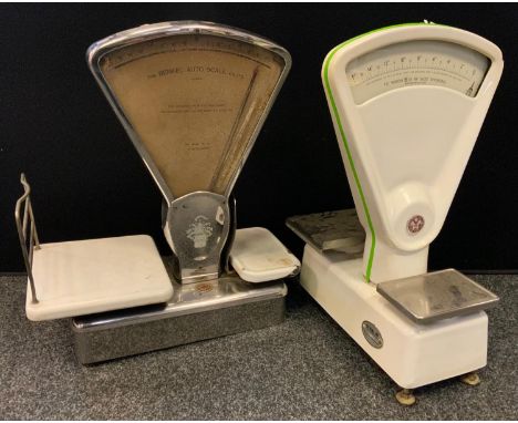 A set of vintage Berkel Auto scales, 0-1lbs, Firth stainless steel and enamel body;  another Vandome &amp; Hart ltd (2) 