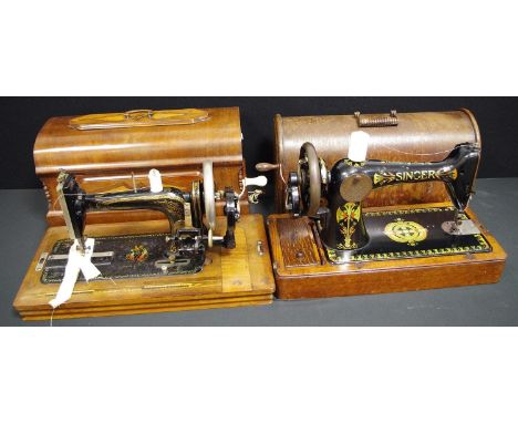 A Vintage F J Cocks hand operated The Royal London cylindre shuttle sewing machine, inlaid case;  another Singer, oak case (2
