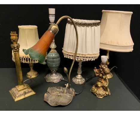 Lighting - an Art Nouveau style lily pad table lamp;  others brass, figural etc (6) 