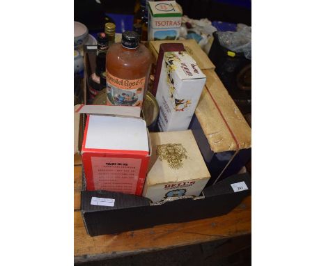 Box of various spirits and liqueurs to include Bells Scotch Whisky, Peach Liqueur and many others