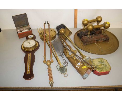 Mixed Lot: Various fire tools, barometer, chestnut roaster etc