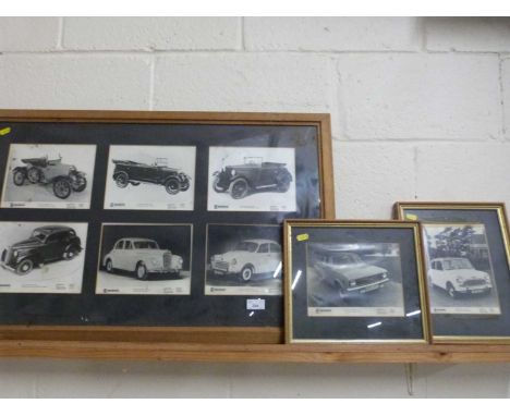 Group of framed photographs of vintage Morris cars