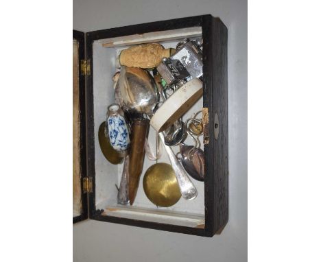 Hardwood box containing various cutlery, modern snuff bottle, perpetual calendar etc