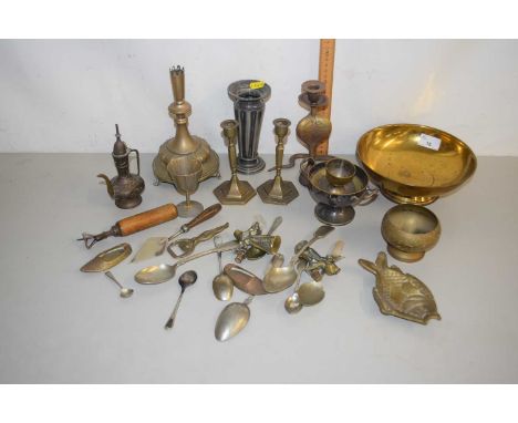 Mixed Lot: Various assorted brass wares to include candlesticks, various cutlery, vintage can opener and other items