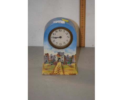20th Century porcelain cased mantel clock with castle decoration