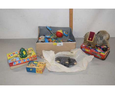 Mixed Lot: Vintage toys to include a bubble elephant, a wind-up tortoise, a Clever Bear model, a carousel etc