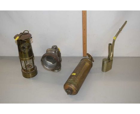 Mixed Lot: Comprising a brass miners lamp marked Thomas &amp; Williams together with a vintage carbide type lantern, a fire e