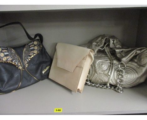 A vintage Zandra Rhodes handbag, a KG shoulder bag in a metallic coloured fabric with chain shoulder strap and a Robert Clerg