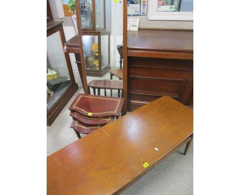 A retro teak coffee table with shelf and rails below, a retro teak framed wall mirror and a nest of walnut effect tables