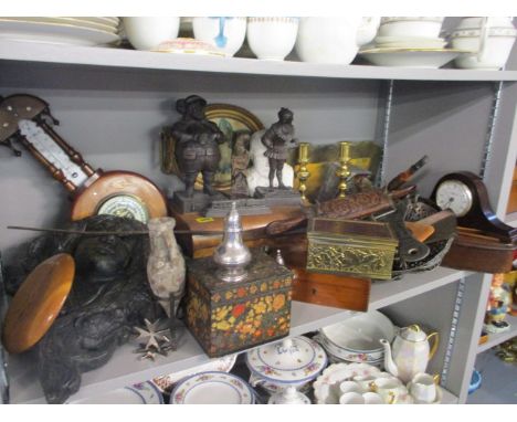 A mixed lot to include a barometer, a Victorian work box, an Arts &amp; Crafts pewter inkwell, brass candlesticks and other i