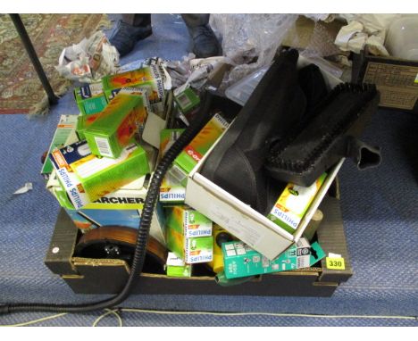 A quantity of tools to include a tool set, energy saving light bulbs and a Karcher window washer, boxed